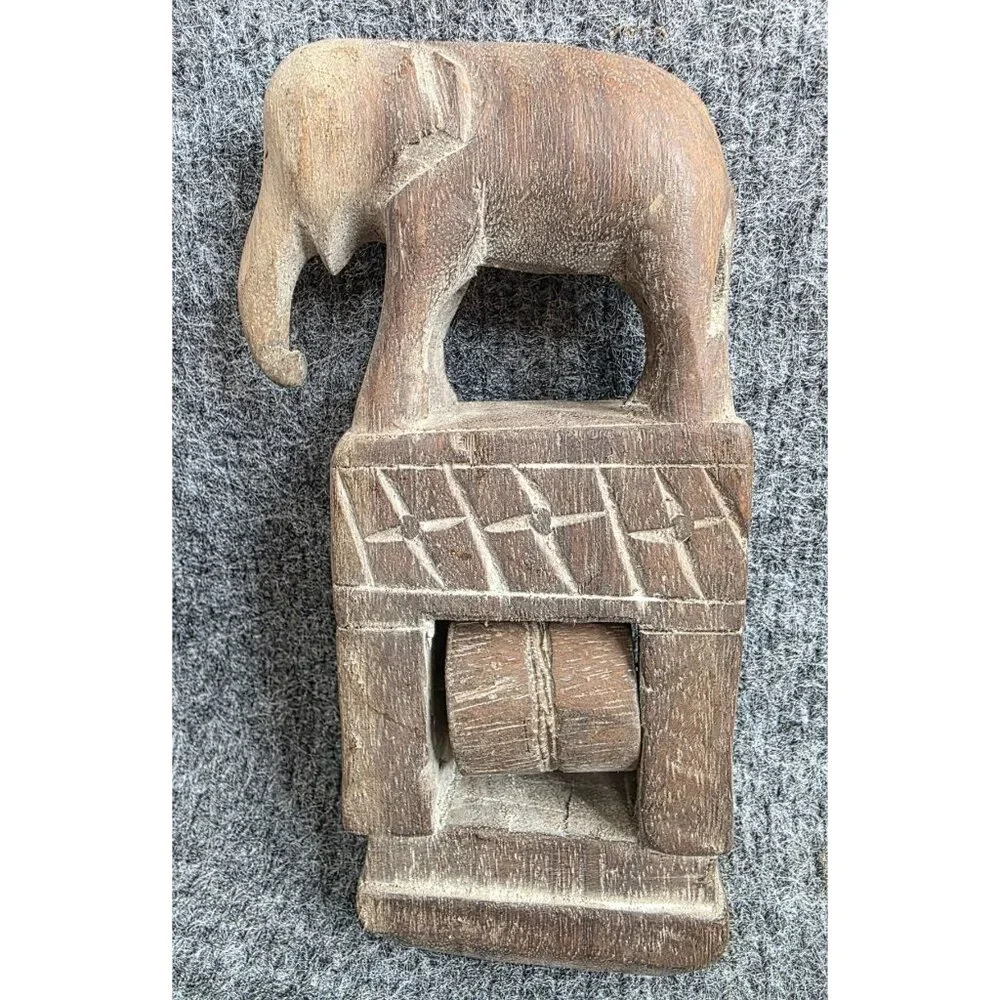 Vtg Hand Carved Wooden Elephant Figurine With Roller Tribal Folk Art